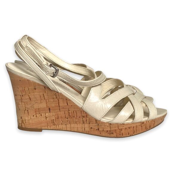 Franco Sarto Womens Cork Wedge Leather Sandals Strappy Heels Ivory Size 10M - Picture 1 of 5